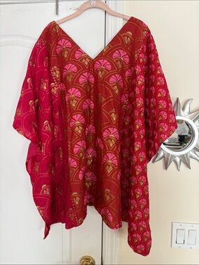 GUDRUN SJODEN LADIES RED PINK GOLD COTTON SILK BLOUSE-S/M